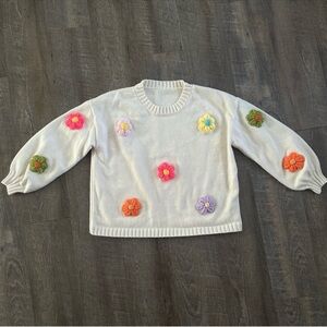 Cider White Sweater with Colorful Floral Accents